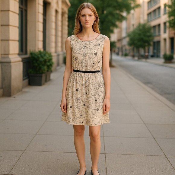 LOFT Medium Peach Floral Line Art Sleeveless Y2K Shift Dress Mod Minimalist - Picture 1 of 8